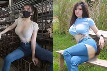 Ngượng chín mặt hot girl mặc đồ cắt xẻ hở hang khi làm nông
