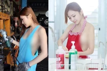 Đỏ mặt hot girl “mặc như không” sửa xe, lộ vòng 1 hớ hênh