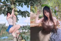 Đỏ mặt hot girl xinh đẹp mặc gợi cảm trèo cây, tắm suối