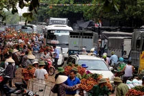 Xe vải thiều ngập chợ ven quốc lộ, ùn tắc kéo dài