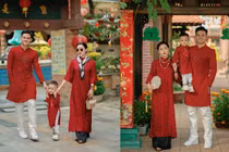 Vợ Hồ Tấn Tài mặc áo dài cùng chồng con du xuân