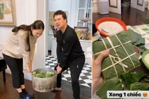 Á hậu Thanh Tú và chồng tất bật gói bánh chưng đón Tết