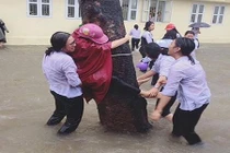 Nước ngập sân trường, học sinh tranh thủ tắm mưa giải nhiệt