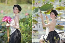 Gái xinh Đắk Nông quyến rũ với yếm “không phòng hộ” ở đầm sen