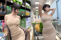 Hot girl Hàn Quốc "thả rông" vòng 1 khi đi siêu thị