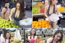 Ăn mặc mát mẻ cô gái ngang nhiên đi mua hoa quả ở chợ