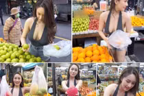 Ăn mặc mát mẻ cô gái ngang nhiên đi mua hoa quả ở chợ