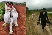 Dở khóc dở cười cảnh cô dâu lội bùn chụp ảnh cưới