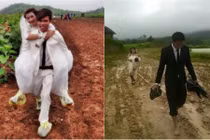 Dở khóc dở cười cảnh cô dâu lội bùn chụp ảnh cưới