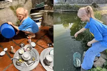 Xoài Non bất ngờ để lộ tóc rối bời, nhăn nhó ngồi rửa bát