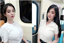 Hot girl ngực khủng ngủ gật trên xe tàu điện khiến CĐM “rớt tim“