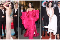 Angela Phương Trinh liên tục thay váy áo, được dàn vệ sĩ vây quanh
