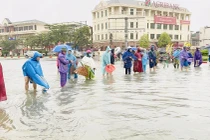 Nước lũ dâng cao, người dân Hà Tĩnh mang nơm ra đường bắt cá