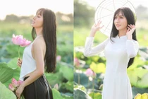 Lynk Lee mặc áo yếm khoe vẻ gợi cảm nữ tính bên hồ sen