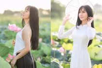 Lynk Lee mặc áo yếm khoe vẻ gợi cảm nữ tính bên hồ sen