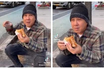 Quyền Linh ngồi vỉa hè ăn bánh mì với vẻ ngoài giản dị