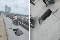 Cận cảnh lỗ thủng lớn xuất hiện giữa cầu Long Biên ở Hà Nội