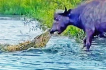 Trâu rừng nhấc bổng cá sấu dù bị cắn vào mũi 