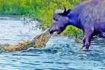 Trâu rừng nhấc bổng cá sấu dù bị cắn vào mũi 