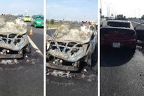 Mazda 3 cháy trơ khung trên cao tốc Long Thành - Dầu Giây