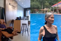 Xuýt xoa cụ bà U90 khỏe mạnh, tự tin diện đồ tắm ở hồ bơi