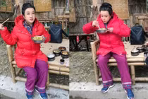 Hhình ảnh gần đây của Lưu Hiểu Khánh, ngồi bên vệ đường với mái tóc bạc