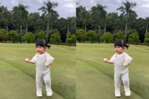 Biểu cảm của con gái Cường Đô La khi lần đầu được đến sân golf
