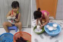 Xúc động bé gái 4 tuổi đã tất bật cơm nước, giặt giũ cả ngày