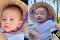 Biểu cảm của cặp song sinh nhà Hà Hồ khi đội nón lá