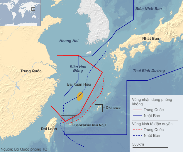 Mới đây, 23/11/2013, Bộ Quốc phòng Trung Quốc đã công bố Vùng nhận dạng phòng không ADIZ trên biển Hoa Đông và các quy định áo dụng tại khu vực này. Cụ thể vùng phòng không nói trên bao trùm cả quần đảo Senkaku/Điếu Ngư mà Trung - Nhật đang tranh chấp chủ quyền (vùng cấm bay được đánh dấu bằng đường gạch đỏ)