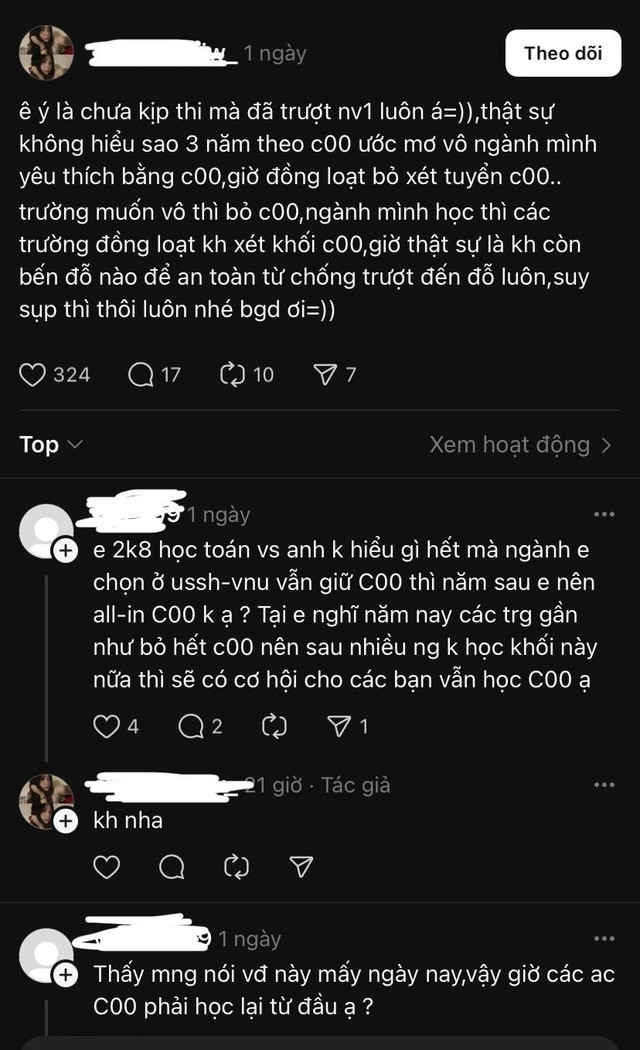 Học sinh lớp 12 chia sẻ trên mạng xã hội về sự hoang mang khi biết tin các trường đại học mơ ước đột ngột bỏ tổ hợp C00. 504808296-3090717371075444-7844065469463435431-n.jpg