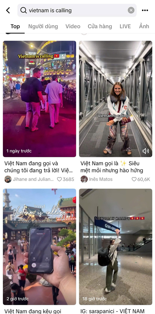 Khi tìm kiếm cụm từ khóa “Vietnam is calling” trên TikTok, người dùng sẽ bắt gặp hàng loạt video ghi lại những khoảnh khắc đầy háo hức của du khách quốc tế trên hành trình đặt chân đến và trải nghiệm vẻ đẹp Việt Nam. Ảnh Chụp màn hình 920a19f2b13706695f26.jpg