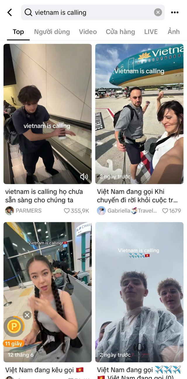 Khi tìm kiếm cụm từ khóa “Vietnam is calling” trên TikTok, người dùng sẽ bắt gặp hàng loạt video ghi lại những khoảnh khắc đầy háo hức của du khách quốc tế trên hành trình đặt chân đến và trải nghiệm vẻ đẹp Việt Nam. Ảnh Chụp màn hình b7c796113cd48b8ad2c5.jpg