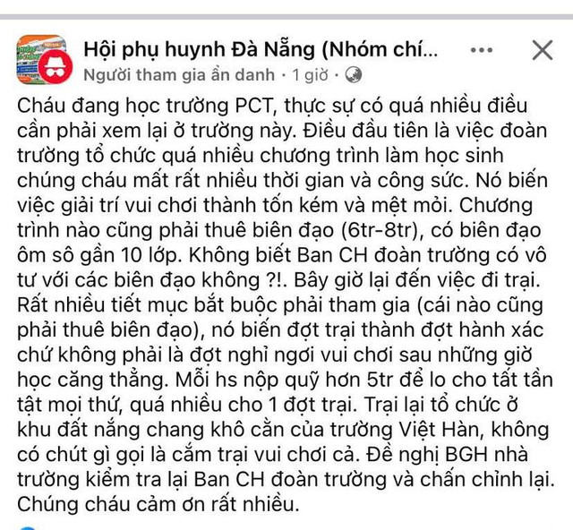Hiệu trưởng nói gì về thông tin thu quỹ hội trại học sinh 5 triệu? Hieu truong noi gi ve thong tin thu quy hoi trai hoc sinh 5 trieu?