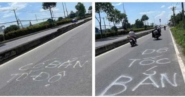Dòng chữ "bắn tốc độ" được phát hiện trên đường Lê Quang Đạo. Ảnh: CA Cảnh sát truy tìm thanh niên sơn dòng chữ 'bắn tốc độ' trên đường Lê Quang Đạo
