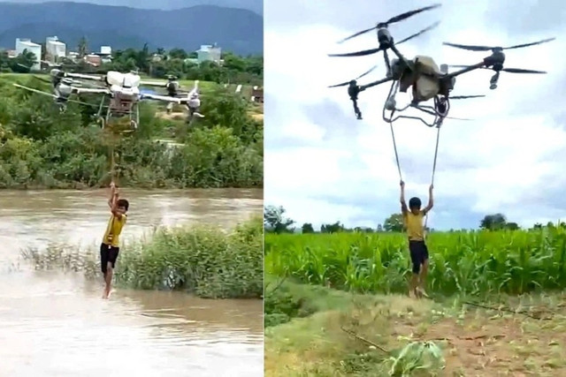 Hình ảnh chiếc drone đưa các cháu bé vào bờ an toàn Hình ảnh chiếc drone đưa các cháu bé vào bờ an toàn
