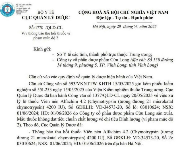 Quyết định của Cục Quản lý Dược về việc thu hồi lô thuốc Viên nén Alfachim 4.2 - Ảnh chụp màn hình 11.jpg