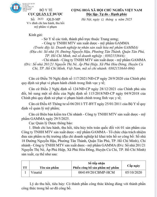 Thông báo của Cục Quản lý Dược - Ảnh chụp màn hình z7057730464943-1149fed71a30189927148e2e34b06430.jpg