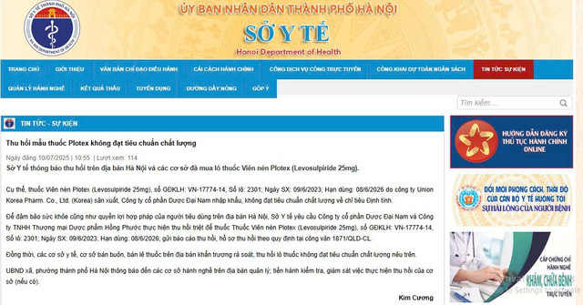 Thông tin thu hồi lô thuốc viên nén Plotex (Levosulpiride 25mg) trên website Sở Y tế Hà Nội - Ảnh chụp màn hình thu-hoi.jpg