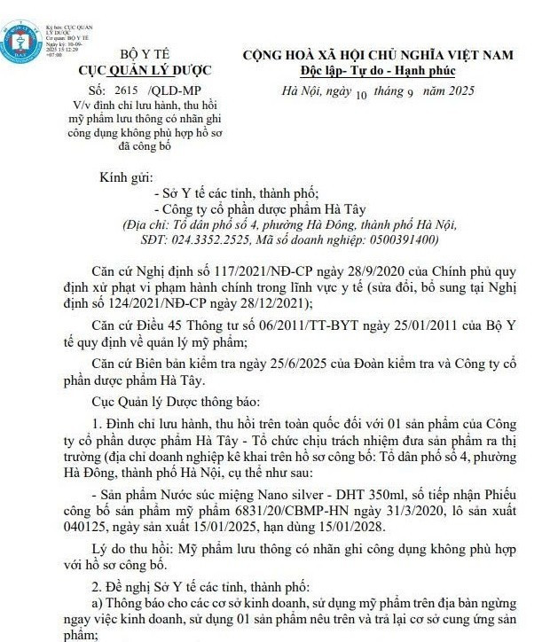 Thông báo của Cục Quản lý Dược - Ảnh chụp màn hình vb.jpg