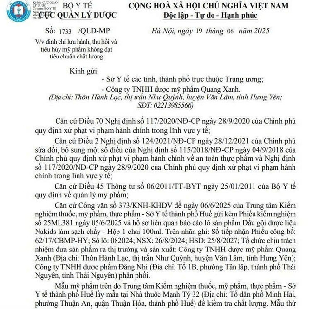 Quyết định thu hồi sản phẩm của Cục Quản lý Dược - Ảnh chụp màn hình Quyết định thu hồi sản phẩm của Cục Quản lý Dược - Ảnh chụp màn hình