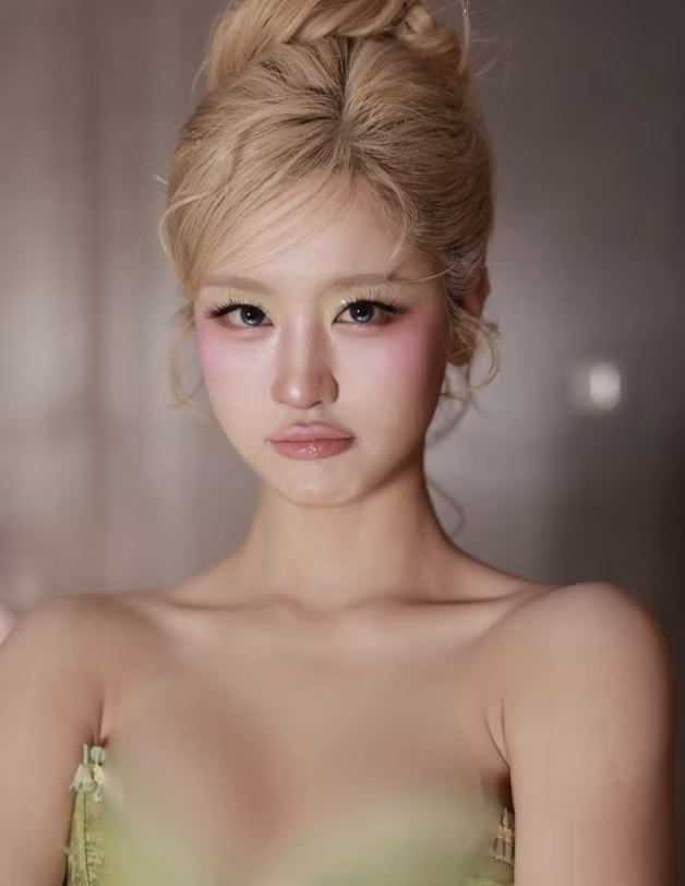 Để hoàn thiện màn hóa thân, người đẹp chọn mái tóc vàng búi cao, để vài lọn tóc buông nhẹ hai bên gương mặt. Lối trang điểm với đôi má ửng hồng, hàng mi cong và đôi mắt được nhấn bằng sắc xanh giúp Hàn Hằng trông như một nàng tiên bước ra từ phim hoạt hình.