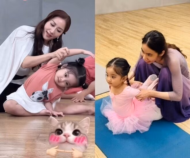 Trên trang cá nhân, Khánh Thi và Phan Hiển nhiều lần đăng tải hình ảnh, video Lisa nhún nhảy theo nhạc hoặc thử sức với những động tác uốn dẻo. Trong các đoạn clip trước đó, cô bé diện trang phục màu hồng, chăm chú làm theo hướng dẫn và từng bước làm quen với các bài tập ballet. Ảnh: FB Khanh Thi Phan Hien