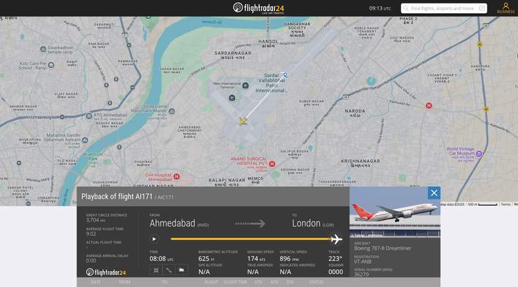 Vị trí chiếc Boeing 787-8 số hiệu VT-ANB gặp nạn theo dữ liệu của Flightradar24. ai171.png