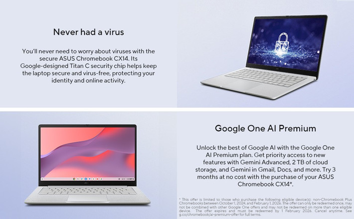 Chromebook CX1 còn tích hợp chip bảo mật Titan C, đạt tiêu chuẩn độ bền quân sự MIL-STD 810H. Kết nối bao gồm Wi-Fi 6, Bluetooth 5.4, cổng HDMI, USB-A, hai cổng USB-C và jack tai nghe 3,5 mm. Pin 42Wh hỗ trợ sạc 45W qua USB-C.