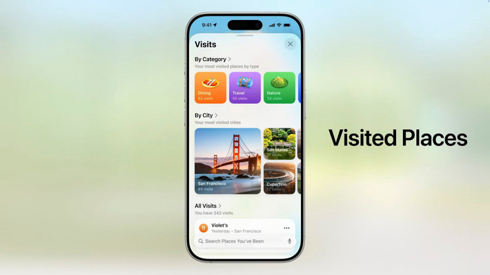 Apple Maps trên iOS 26 có tính năng Visited Places giúp người dùng nhớ những địa điểm họ đã đi qua. Người dùng có thể chọn để iPhone phát hiện khi họ đang ở những địa điểm như nhà hàng hay cửa hàng và xem toàn bộ thông tin trong ứng dụng.