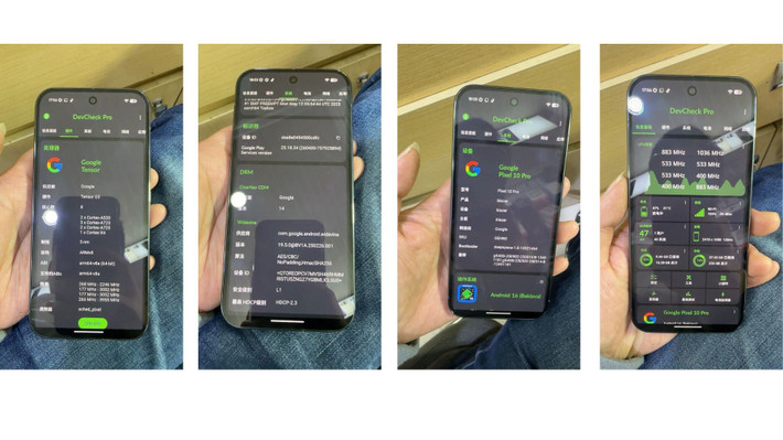 Chú thích của tin nhắn Telegram, kèm theo chín hình ảnh, có nội dung "Một chiếc Pixel 10 Pro DVT 1.0 đời đầu". DVT là viết tắt của Design Variation Test, còn được gọi là nguyên mẫu của thiết bị.
