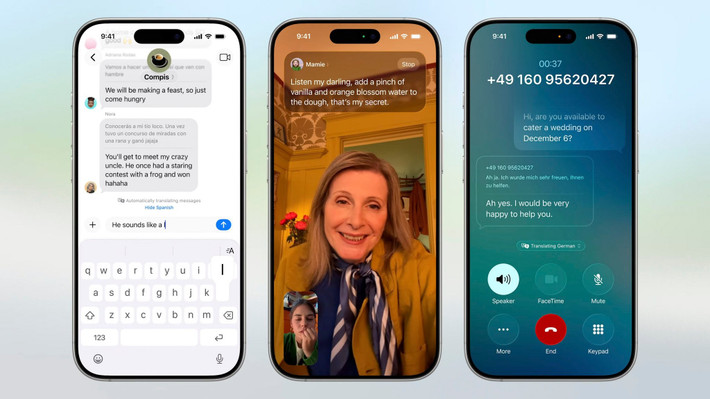 Live Translation (phiên dịch trực tiếp) iOS 26 có tính năng Live Translation nay được tích hợp sẵn vào Tin Nhắn, FaceTime và Điện Thoại. Điều này giúp người dùng giao tiếp bằng nhiều ngôn ngữ, dịch văn bản và âm thanh trong chớp mắt. Tính năng Live Translation được hỗ trợ bởi các mô hình do Apple xây dựng (chạy trực tiếp trên thiết bị) nhằm duy trì tính riêng tư cho những cuộc hội thoại của người dùng.