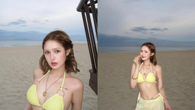 Xoài Non "đốt mắt" người hâm mộ với bikini vàng rực rỡ tại bãi biển