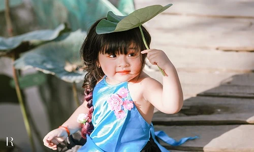 “Tiểu thơ áo yếm” mũm mĩm dưới tán lá sen gây sốt